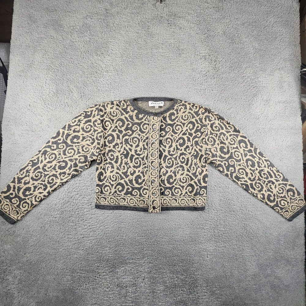 Vintage Jaeger Cardigan Womens Medium Button Front Tan Gray Geometric Preppy